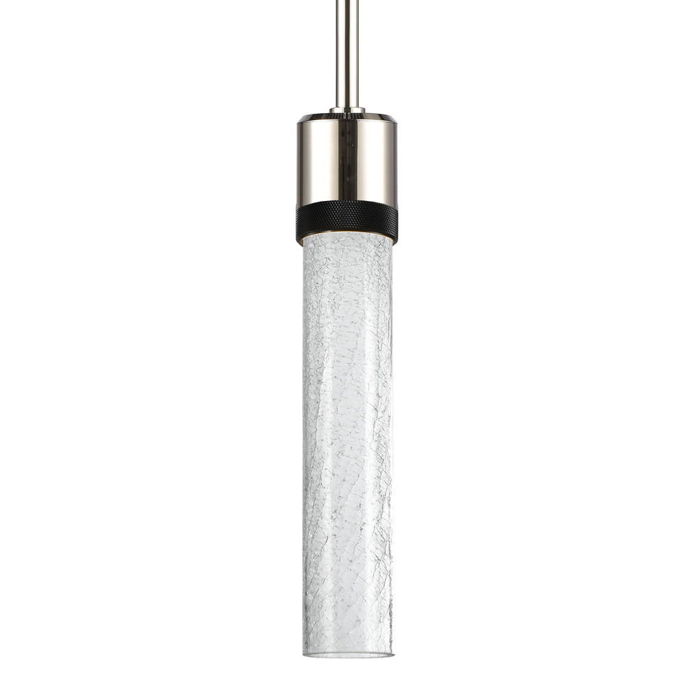 Zigrina 12" Crackled Glass LED Pendant in Nickel and Black Knurled Ring