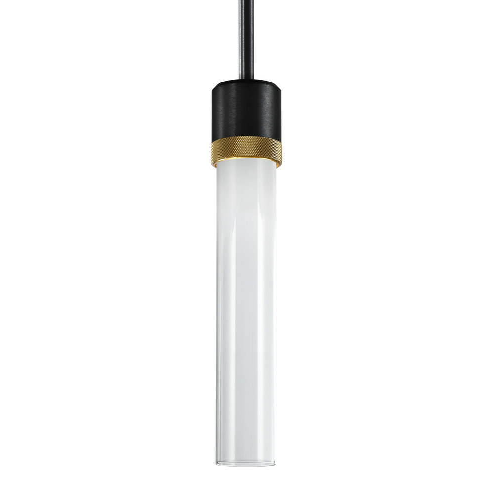 Zigrina 12" Clear Glass LED Pendant in Black and Brass Knurled Ring