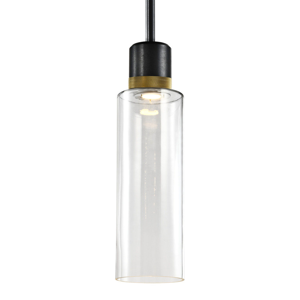 Zigrina 18" Glass Drum LED Pendant in Black and Brass Knurled Ring