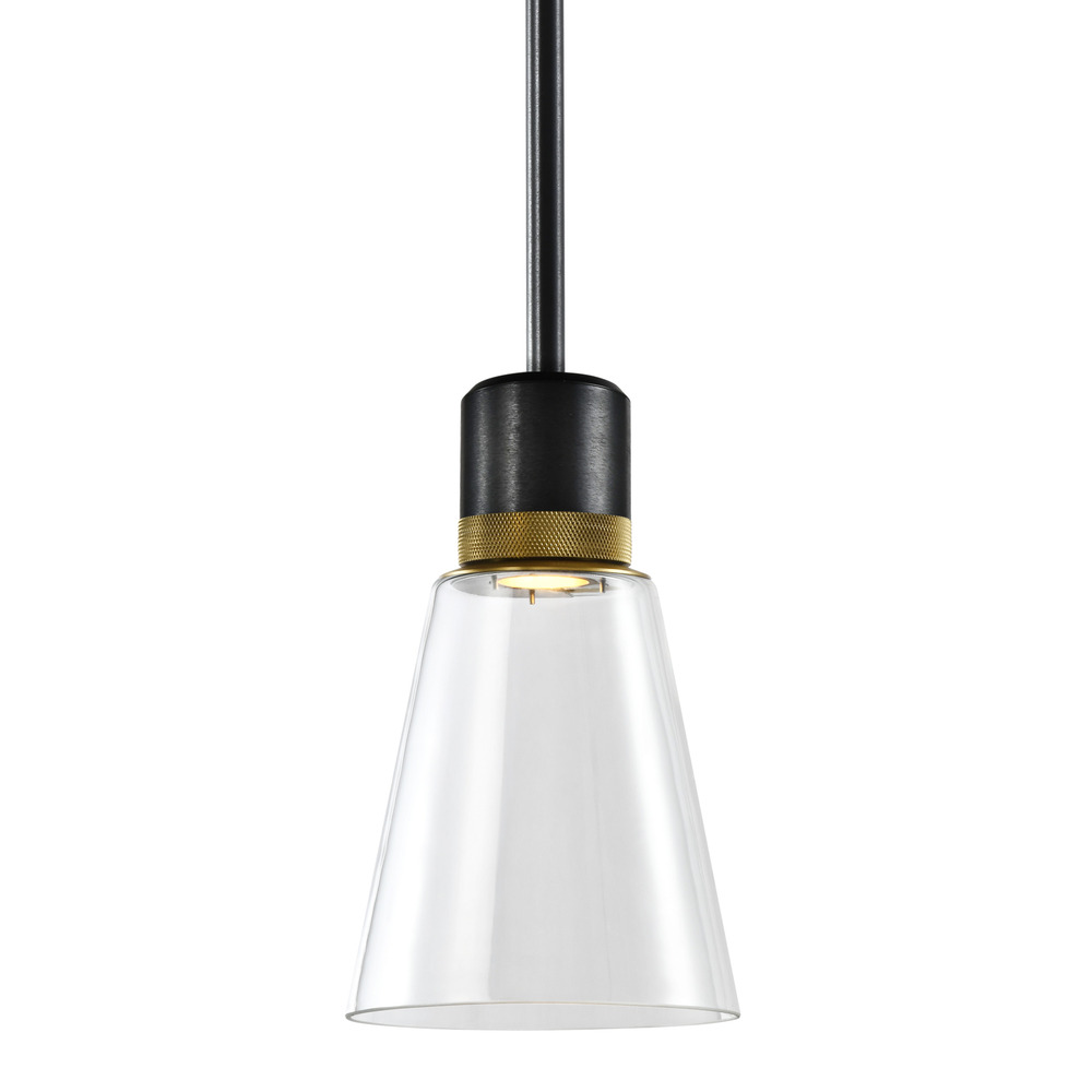 Zigrina Glass Bell LED Pendant in Black and Brass Knurled Ring