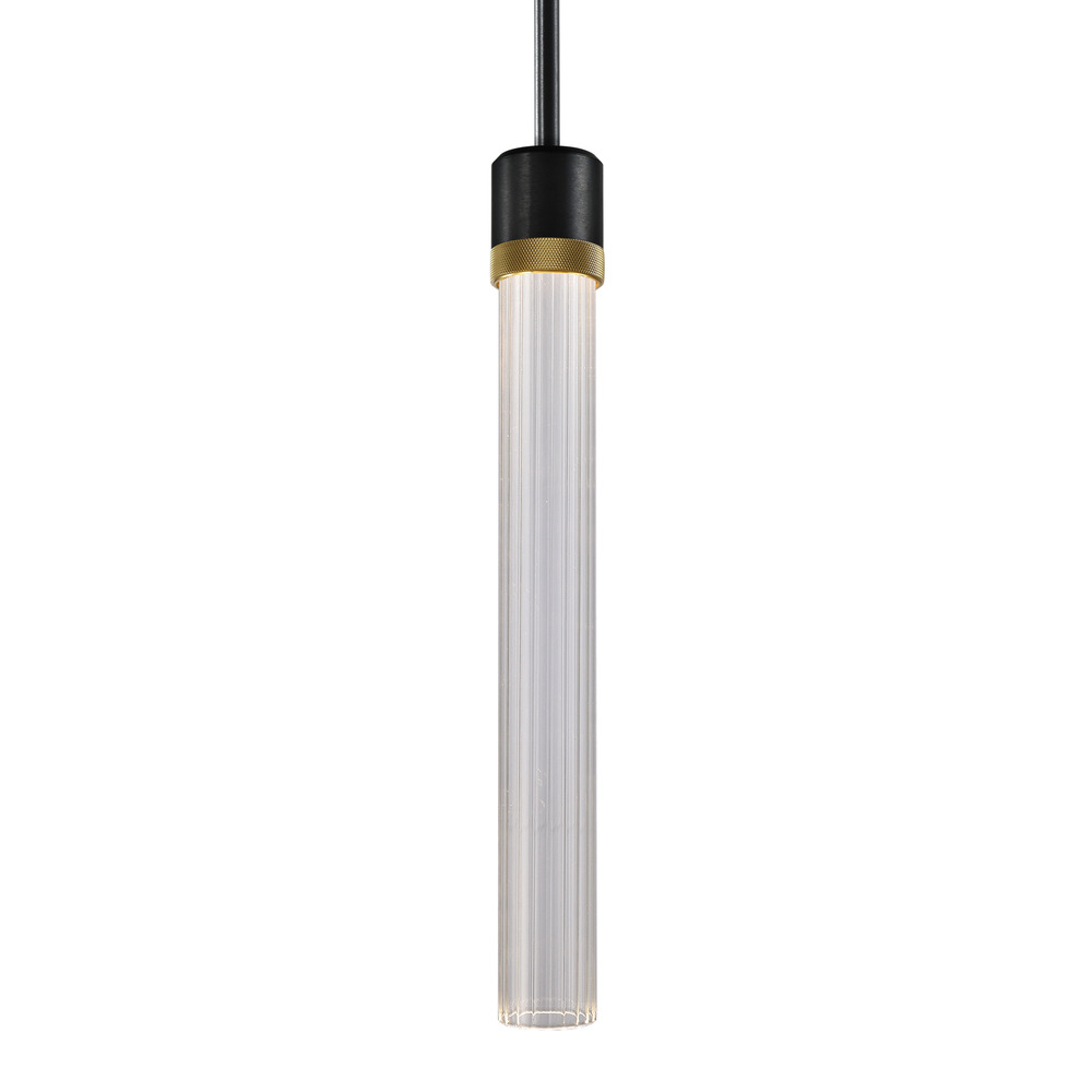 Zigrina 18" Fluted Glass LED Pendant in Black and Brass Knurled Ring
