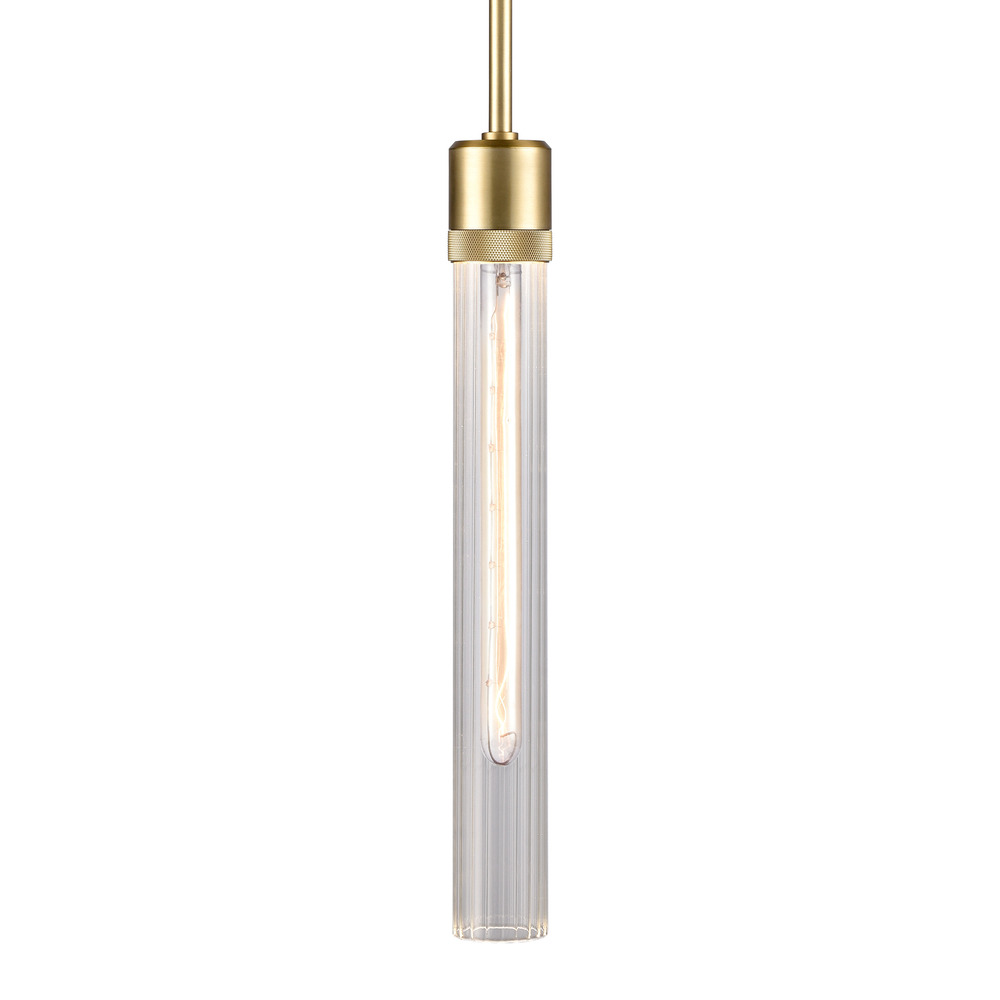 Zigrina 18" Fluted Glass E26 Pendant with Knurled Ring Aged Brass
