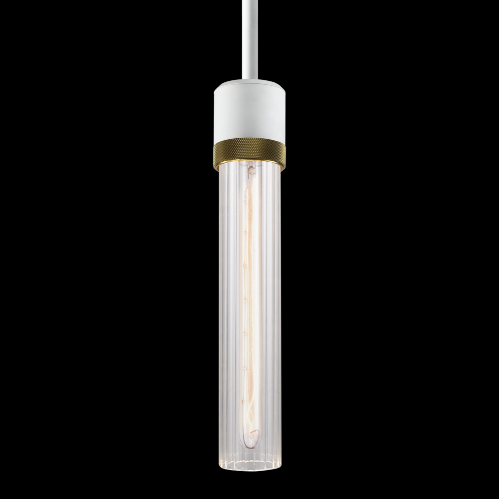3" E26 Cylindrical Pendant Light, 12" Fluted Glass and Matte White with Brass Finish