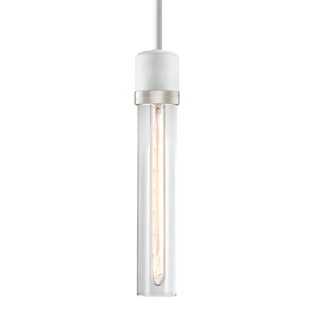 Zigrina 12" Clear Glass E26 Pendant in White with Knurled Ring in Nickel