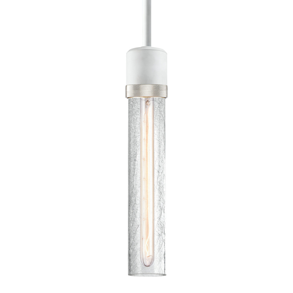 Zigrina 12" Crackled Glass E26 Pendant in White with Knurled Ring in Nickel