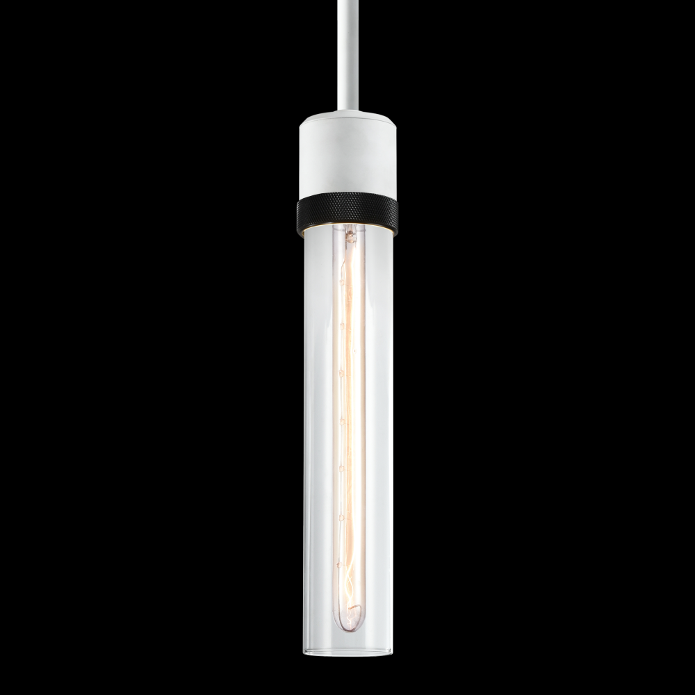 3" E26 Cylindrical Pendant Light, 12" Clear Glass and Matte White with Black Finish