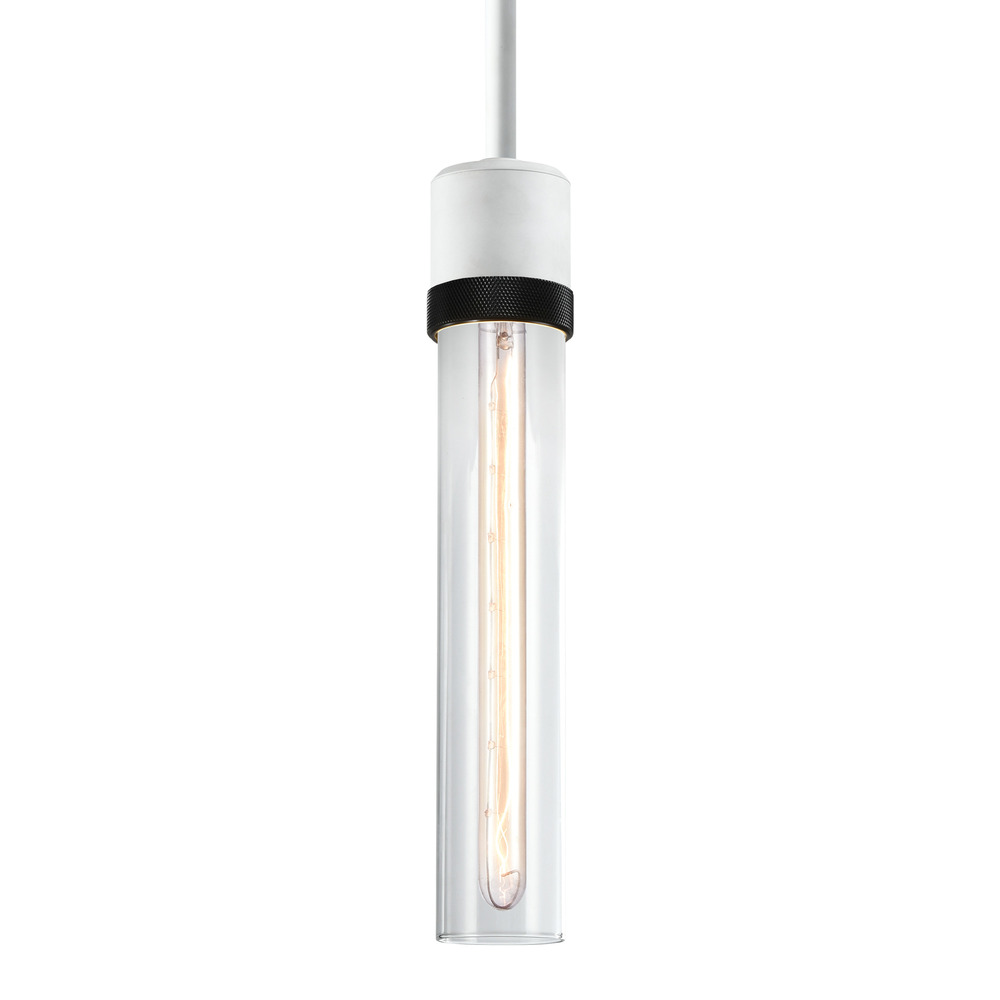 Zigrina 12" Clear Glass E26 Pendant in White with Knurled Ring in Black