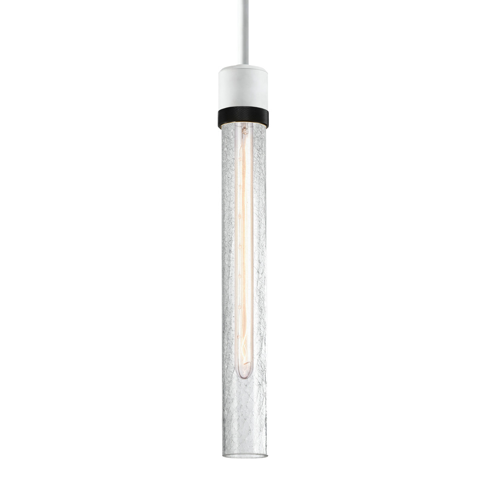 Zigrina 18" Crackled Glass E26 Pendant in White with Knurled Ring in Black
