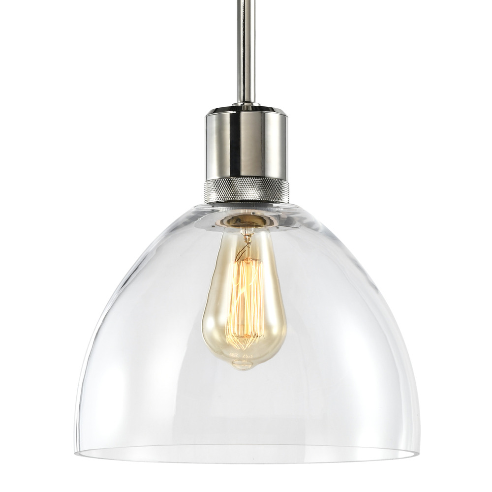 Zigrina Glass Dome E26 Pendant with Knurled Ring Polished Nickel