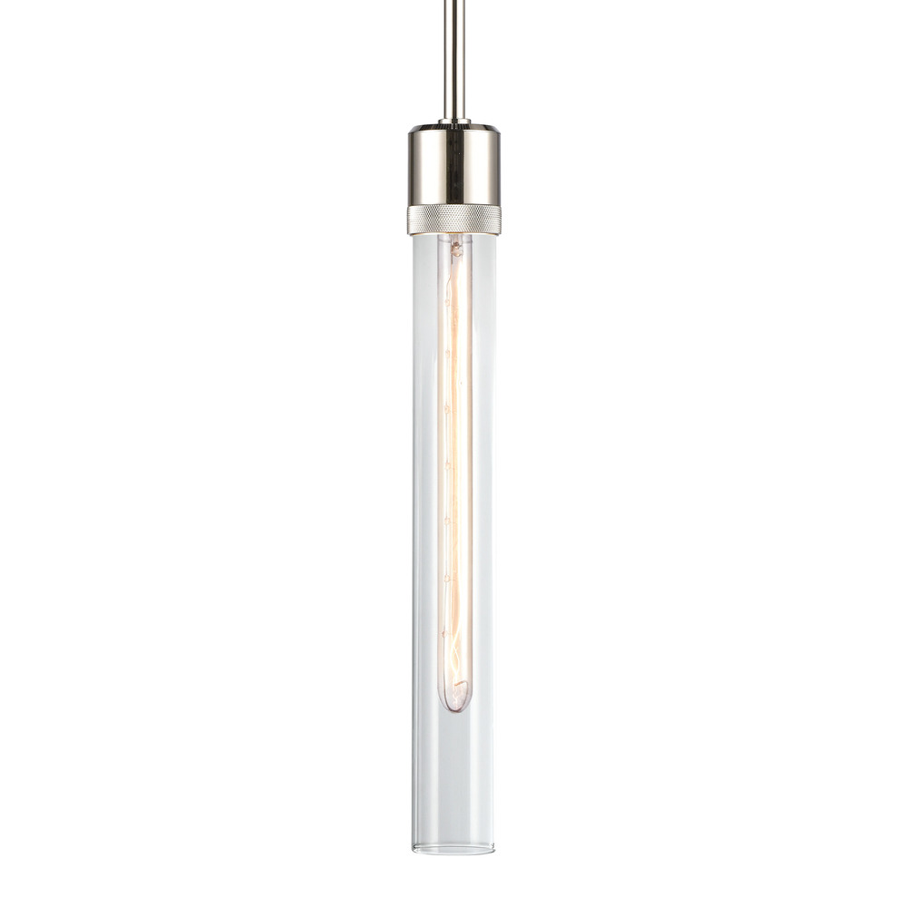 Zigrina 18" Clear Glass E26 Pendant with Knurled Ring Polished Nickel