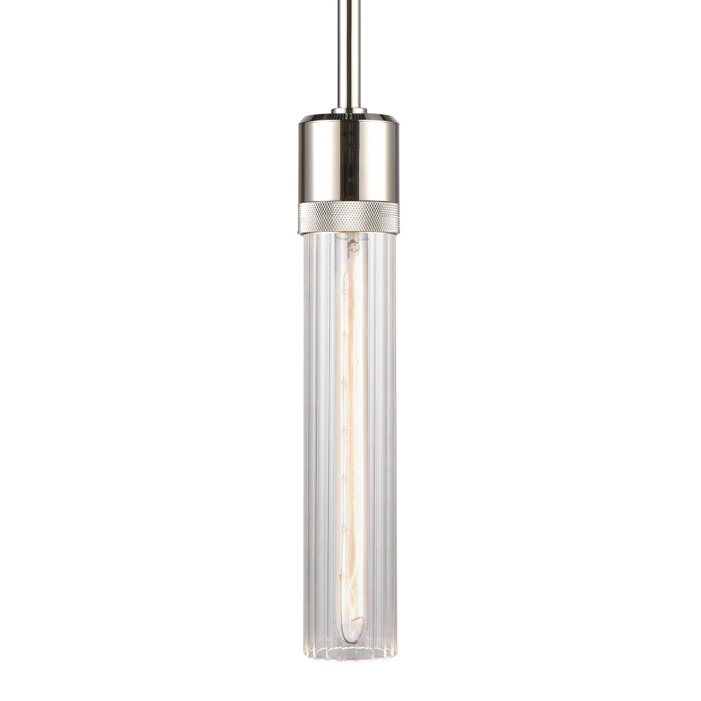 Zigrina 12" Fluted Glass E26 Pendant with Knurled Ring Polished Nickel