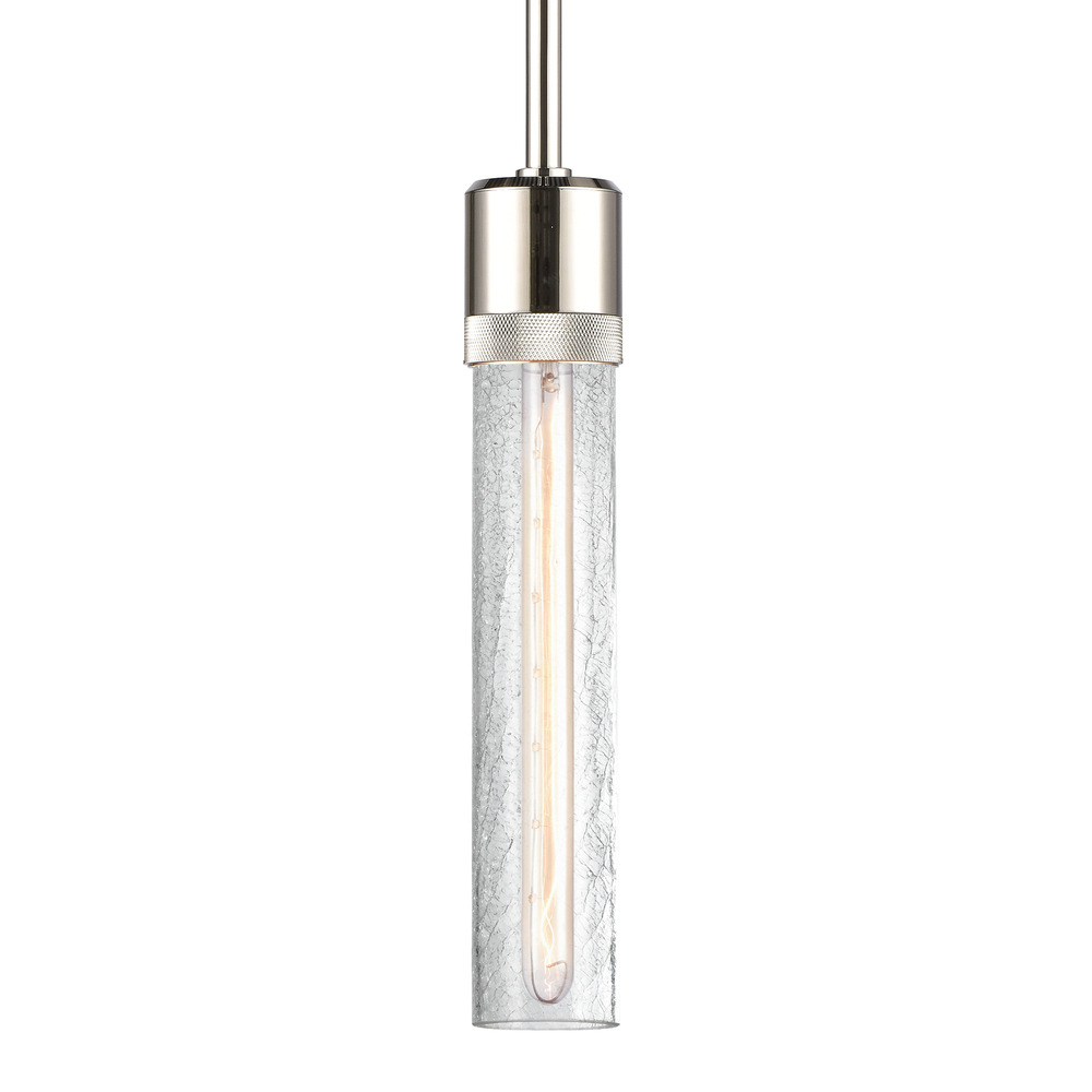 Zigrina 12" Crackled Glass E26 Pendant with Knurled Ring Polished Nickel