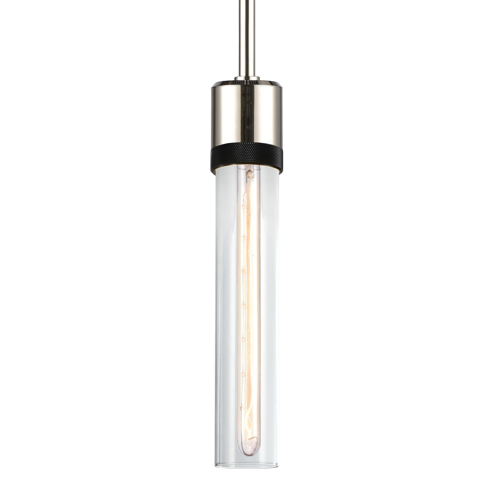 Zigrina 12" Clear Glass E26 Pendant in Nickel with Knurled Ring in Black