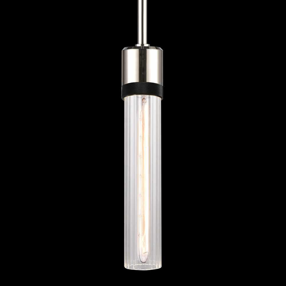 3" E26 Cylindrical Pendant Light, 12" Fluted Glass and Polished Nickel with Black Finish