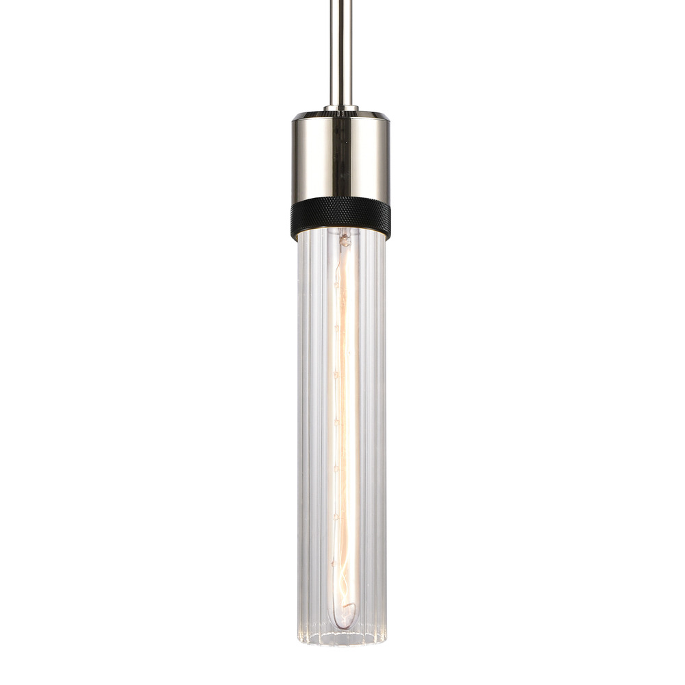 Zigrina 12" Fluted Glass E26 Pendant in Nickel with Knurled Ring in Black