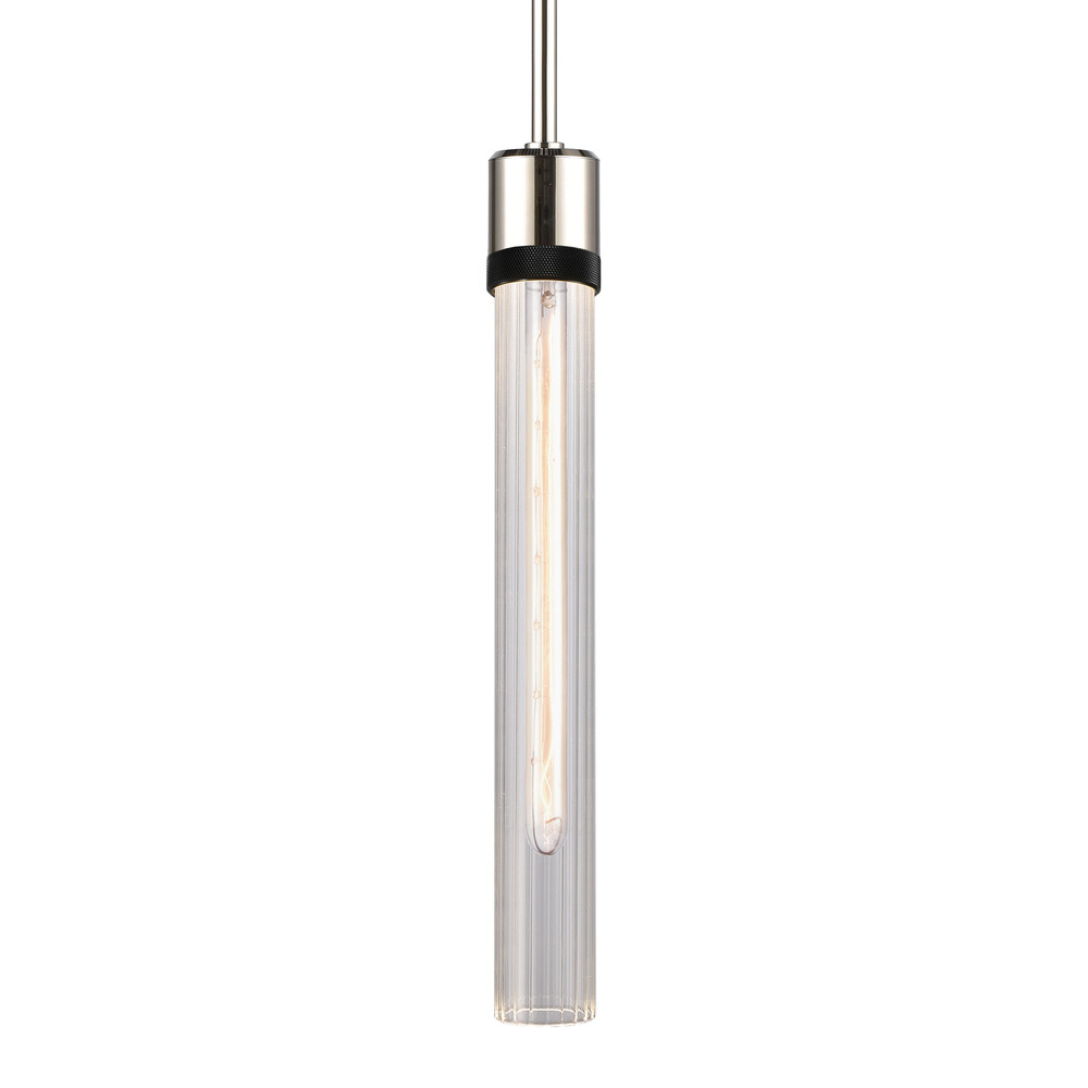 Zigrina 18" Fluted Glass E26 Pendant in Nickel with Knurled Ring in Black