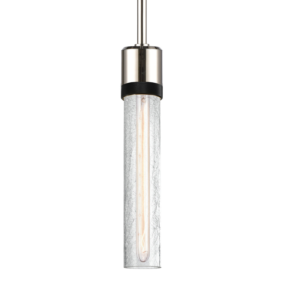 Zigrina 12" Crackled Glass E26 Pendant in Nickel with Knurled Ring in Black
