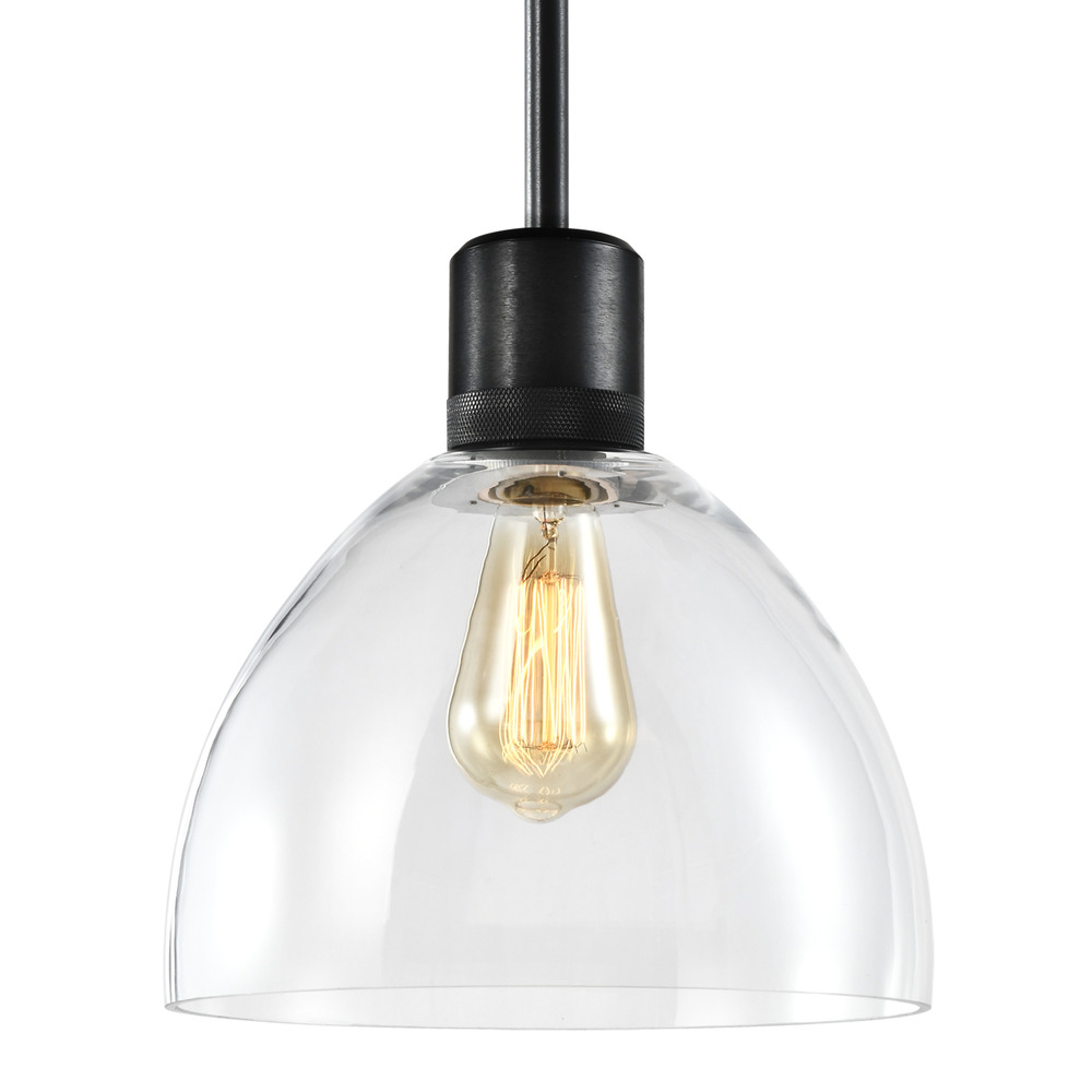 Zigrina Glass Dome E26 Pendant with Knurled Ring Satin Black