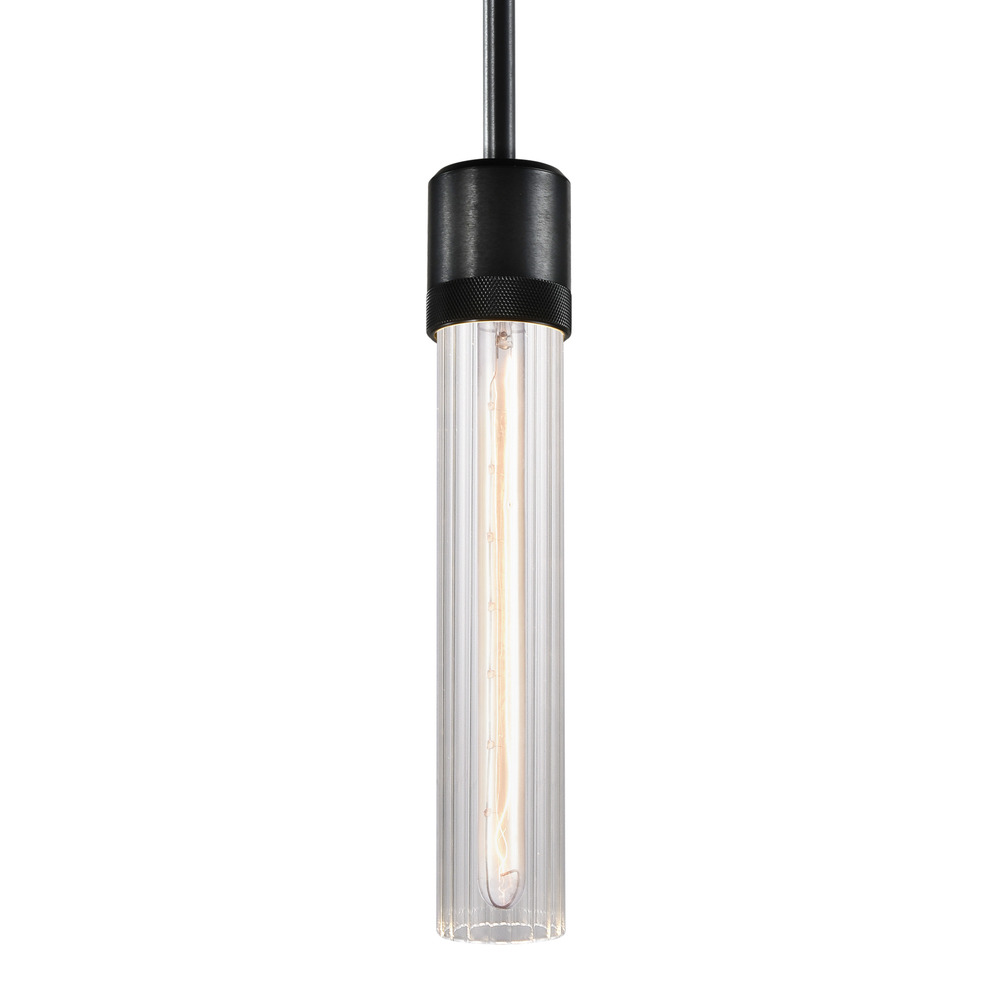Zigrina 12" Fluted Glass E26 Pendant with Knurled Ring Satin Black