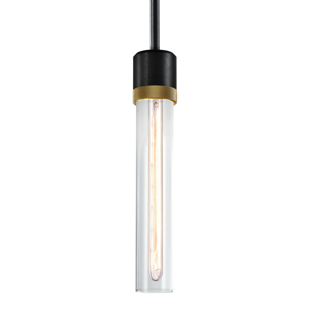 Zigrina 12" Clear Glass E26 Pendant in Black with Knurled Ring in Brass
