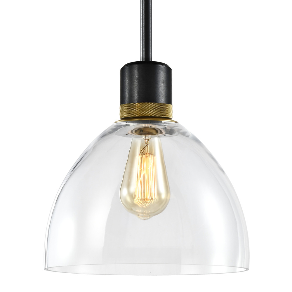 Zigrina Glass Dome E26 Pendant in Black with Knurled Ring in Brass
