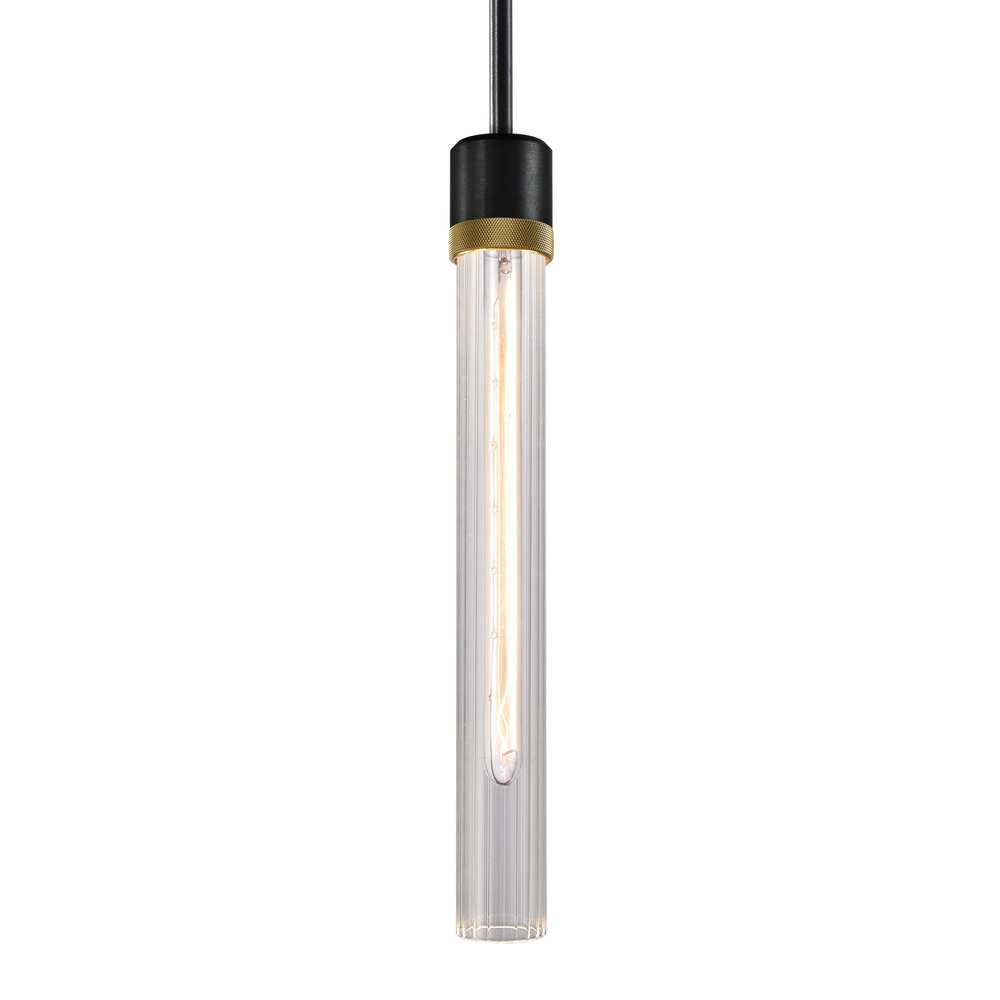 Zigrina 18" Fluted Glass E26 Pendant in Black with Knurled Ring in Brass