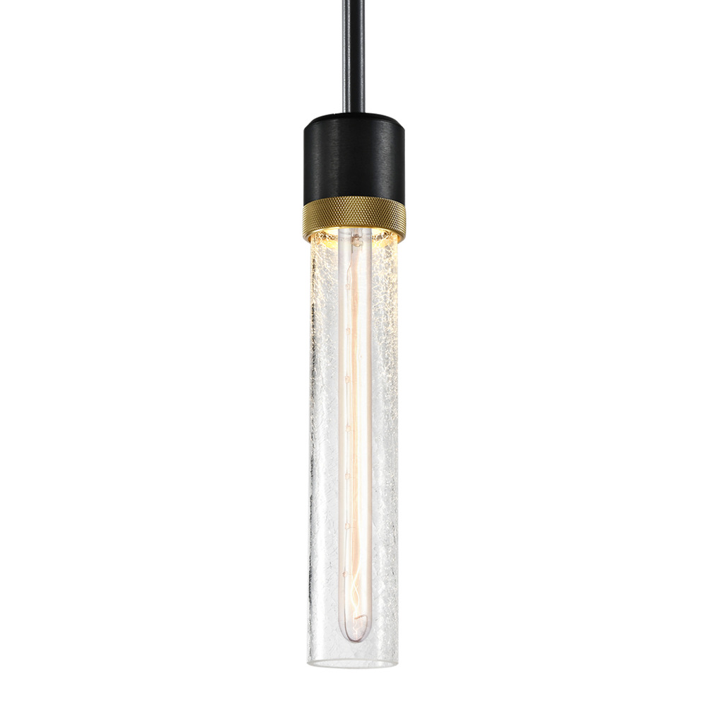 Zigrina 12" Crackled Glass E26 Pendant in Black with Knurled Ring in Brass