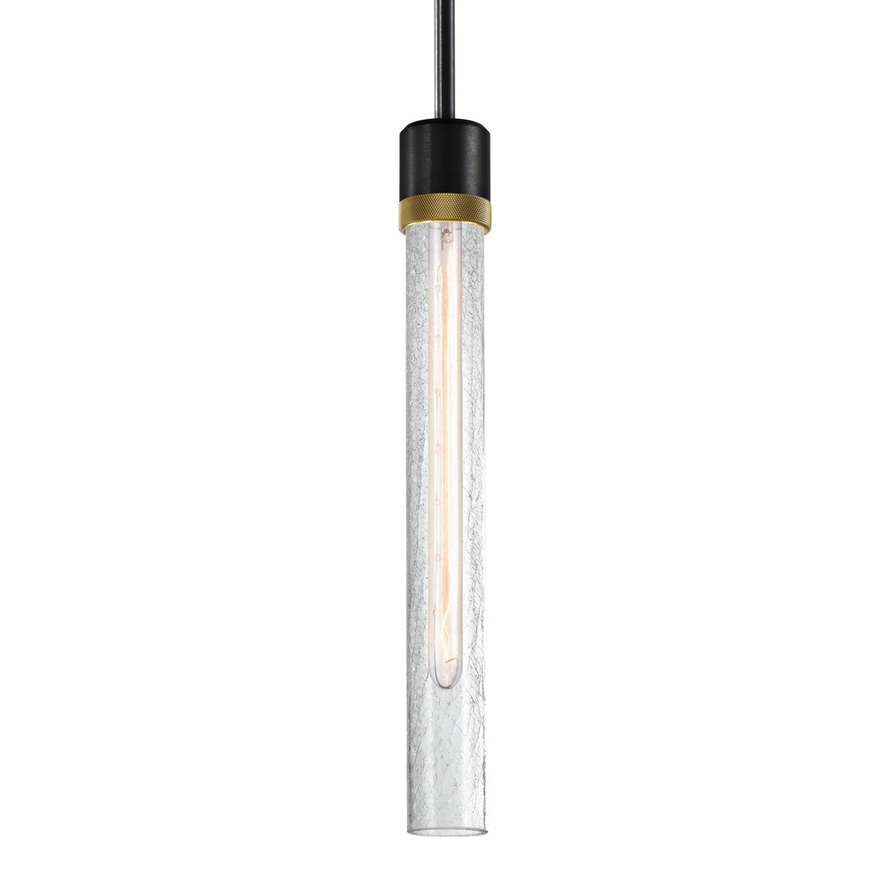 Zigrina 18" Crackled Glass E26 Pendant in Black with Knurled Ring in Brass