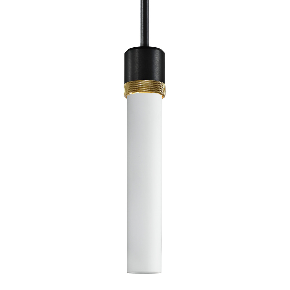 Zigrina 12" White Glass E26 Pendant in Black with Knurled Ring in Brass