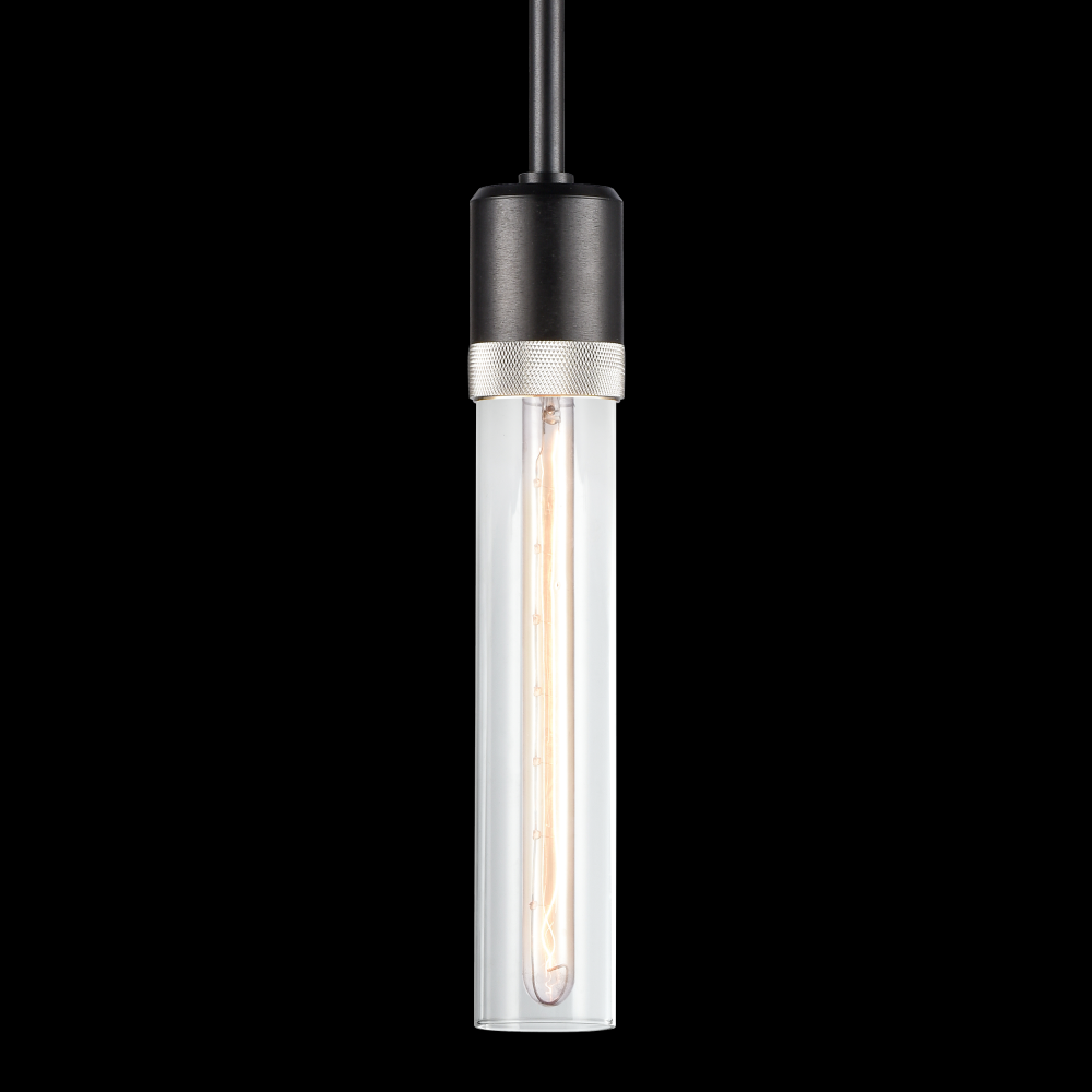 3" E26 Cylindrical Pendant Light, 12" Clear Glass and Satin Brushed Black with Nickel Finish