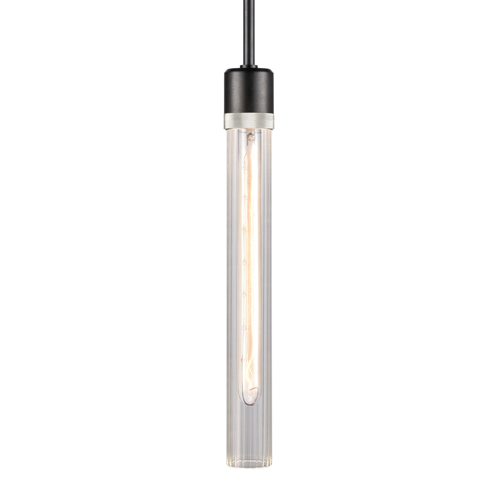 Zigrina 18" Fluted Glass E26 Pendant in Black with Knurled Ring in Nickel
