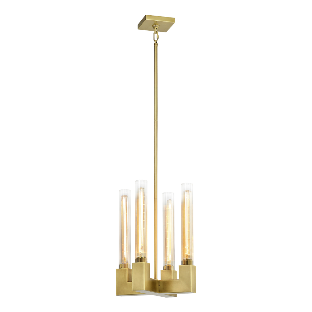 Placid 12" 4-Light, Fluted Glass Square Pendant in Aged Brass