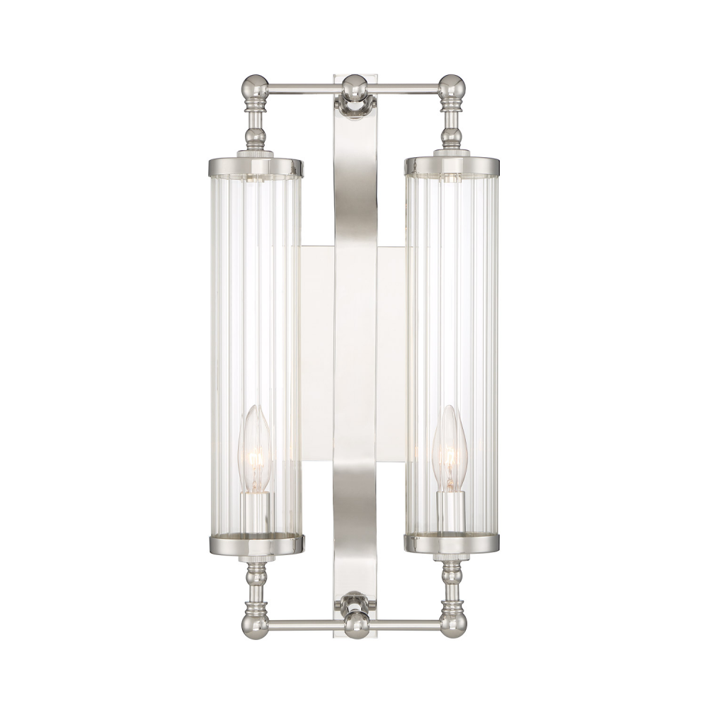 Regis 2-Light, Vertical Fluted Glass Wall Sconce in Polished Nickel