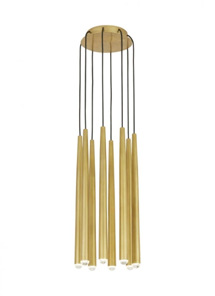 Modern Pylon dimmable LED 8 Light Ceiling Chandelier in a Natural Brass/Gold Colored finish