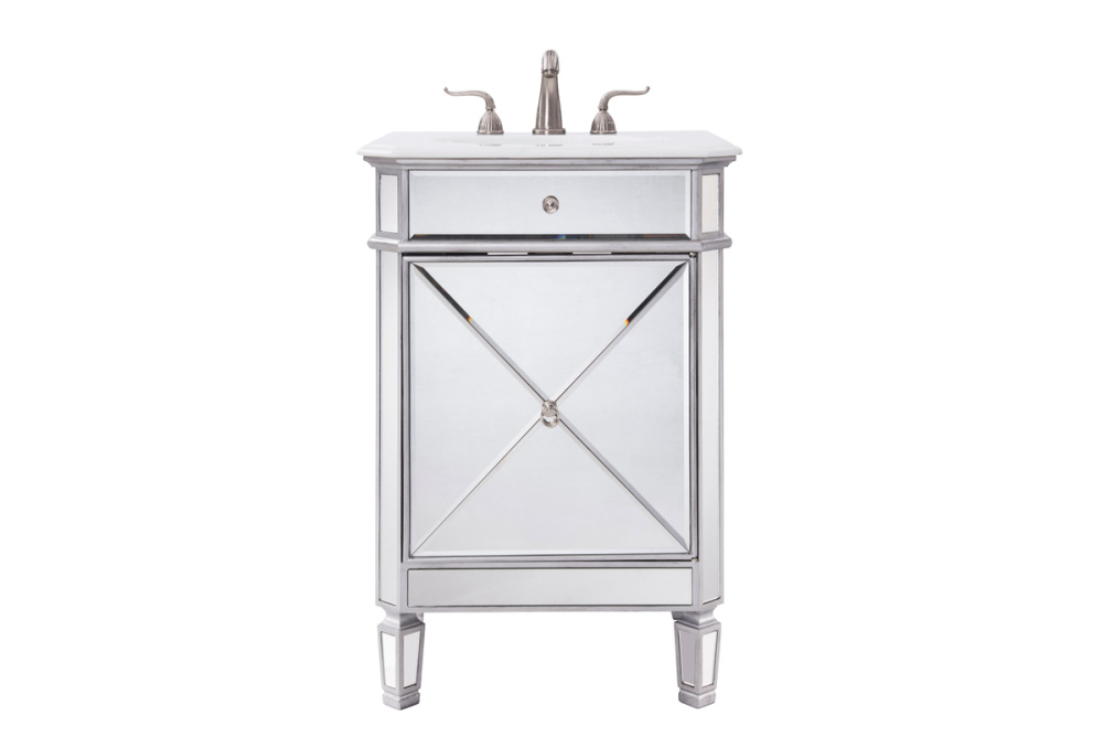 24 inch Single Bathroom mirrored vanity with ivory white engineered marble