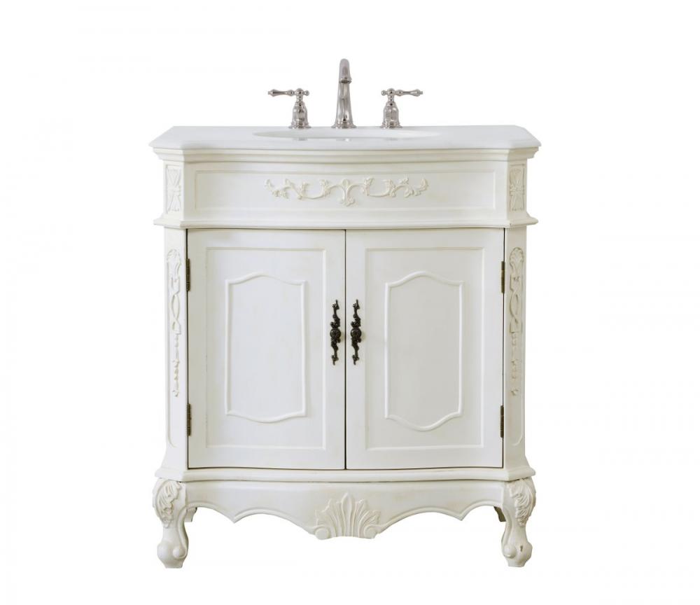 32 inch Single Bathroom vanity in antique white with ivory white engineered marble