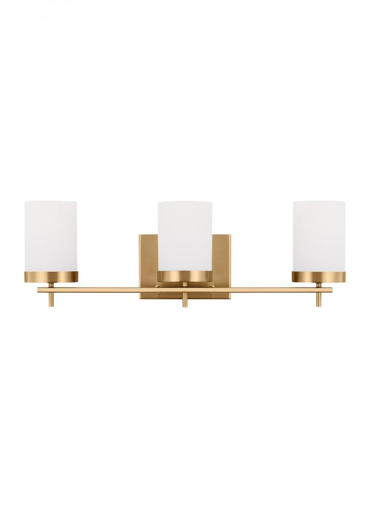 Zire dimmable indoor 3-light LED wall light or bath sconce in a satin brass finish with etched white