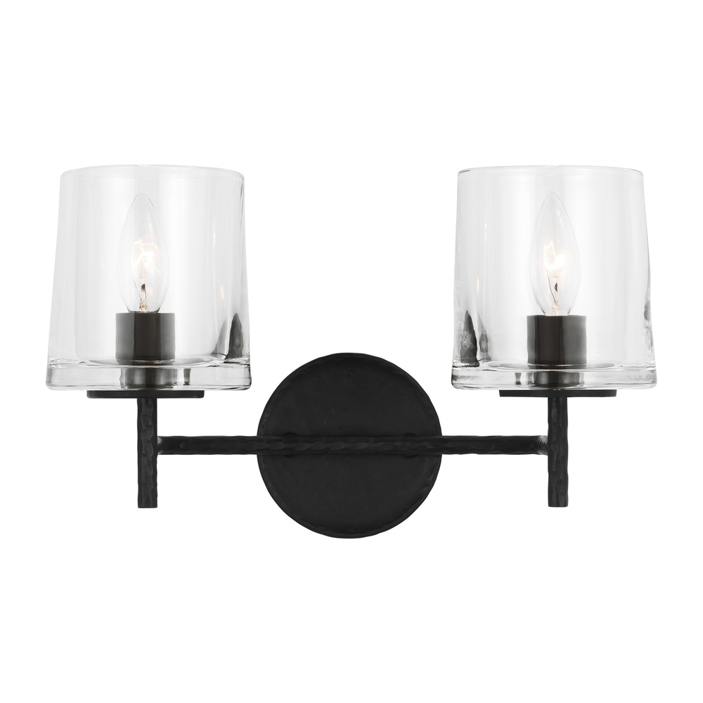 Marietta industrial indoor dimmable 2-light vanity in an aged iron finish with a clear glass shade