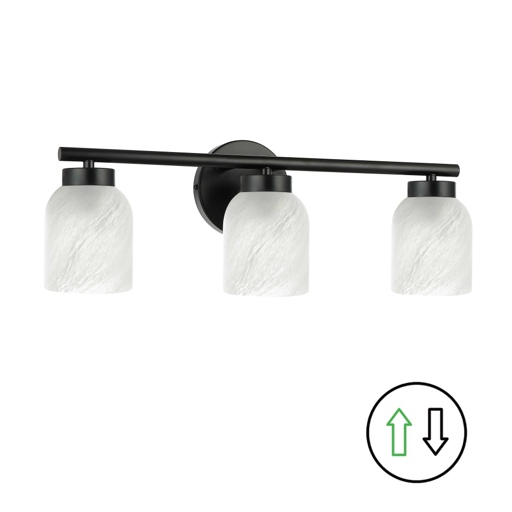 3 Light Vanity, Matte Black w/ Faux Alabaster